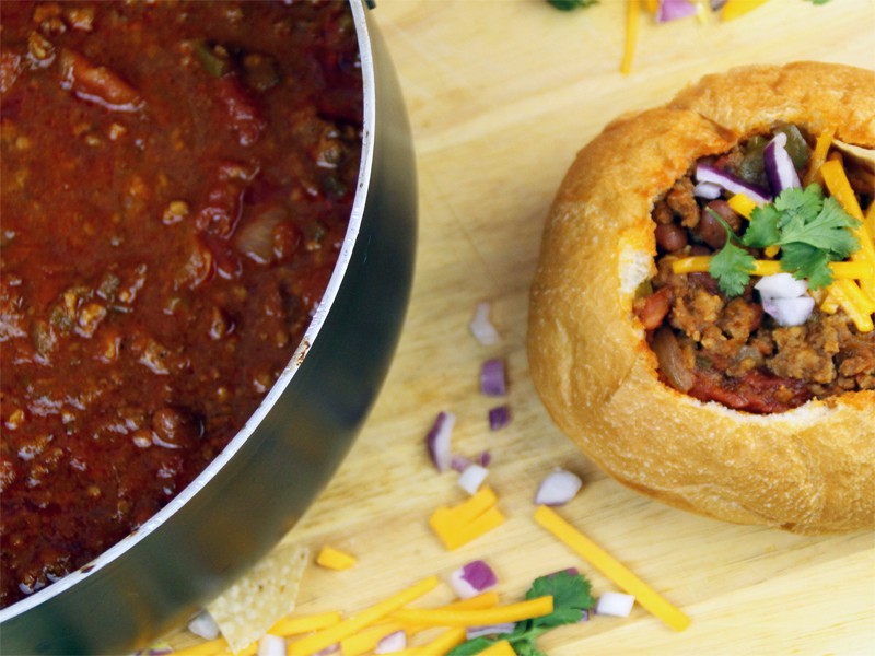 Mexican Inspired Sausage Chili Bread Bowl