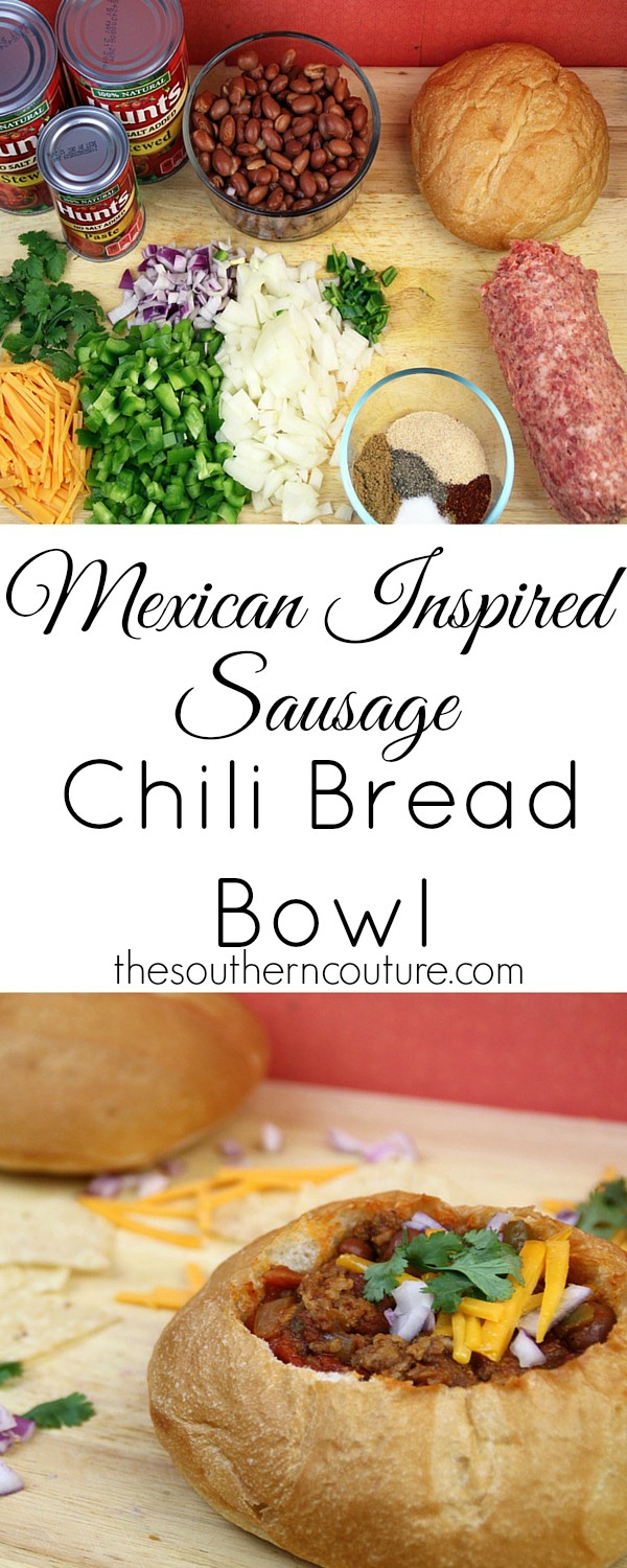 Warm up with a cozy blanket and this bread bowl full of a mexican inspired spicy chili. Your family will love you for it. Get the recipe at thesoutherncouture.com.