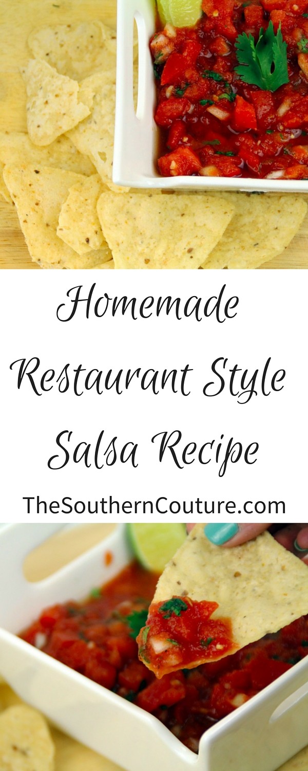 Get your favorite restaurant salsa in your own kitchen now with this Homemade Restaurant Style Salsa Recipe. It is absolutely delicious and the PERFECT recipe to take to a party or use for a taco bar one night.