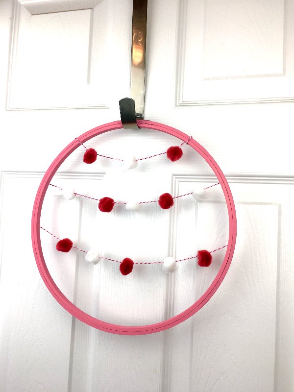 Valentine's Wreath using Embroidery Hoop and Pom Pom Garland