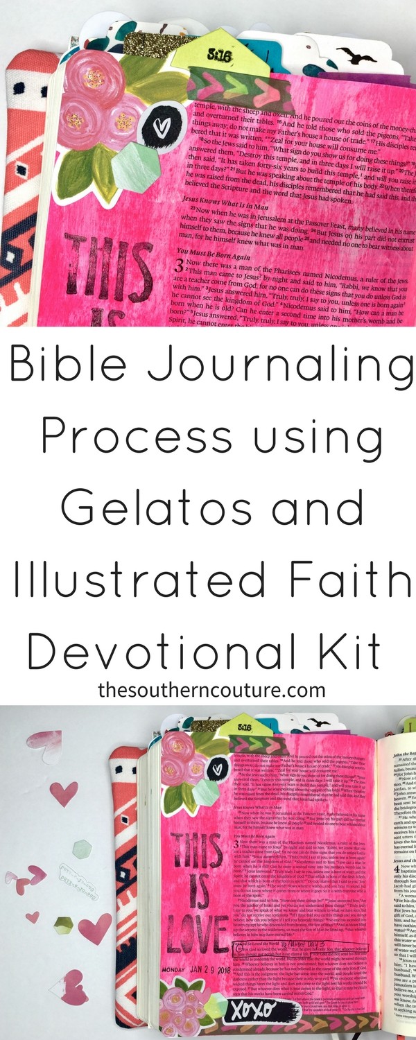 I am so excited to share this Bible journaling process using gelatos and newest Illustrated Faith devotional kit, "This is Love", by showing a simple technique that gives lots of vibrant color to your pages to really make them stand out. 