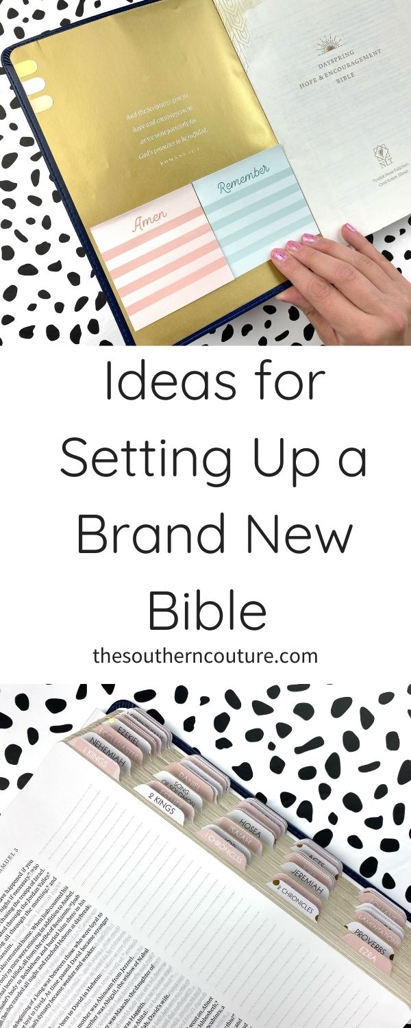 Today I am sharing ideas for setting up a brand new Bible with tabs, sticky notes, and more to get organized for studying your Bible.